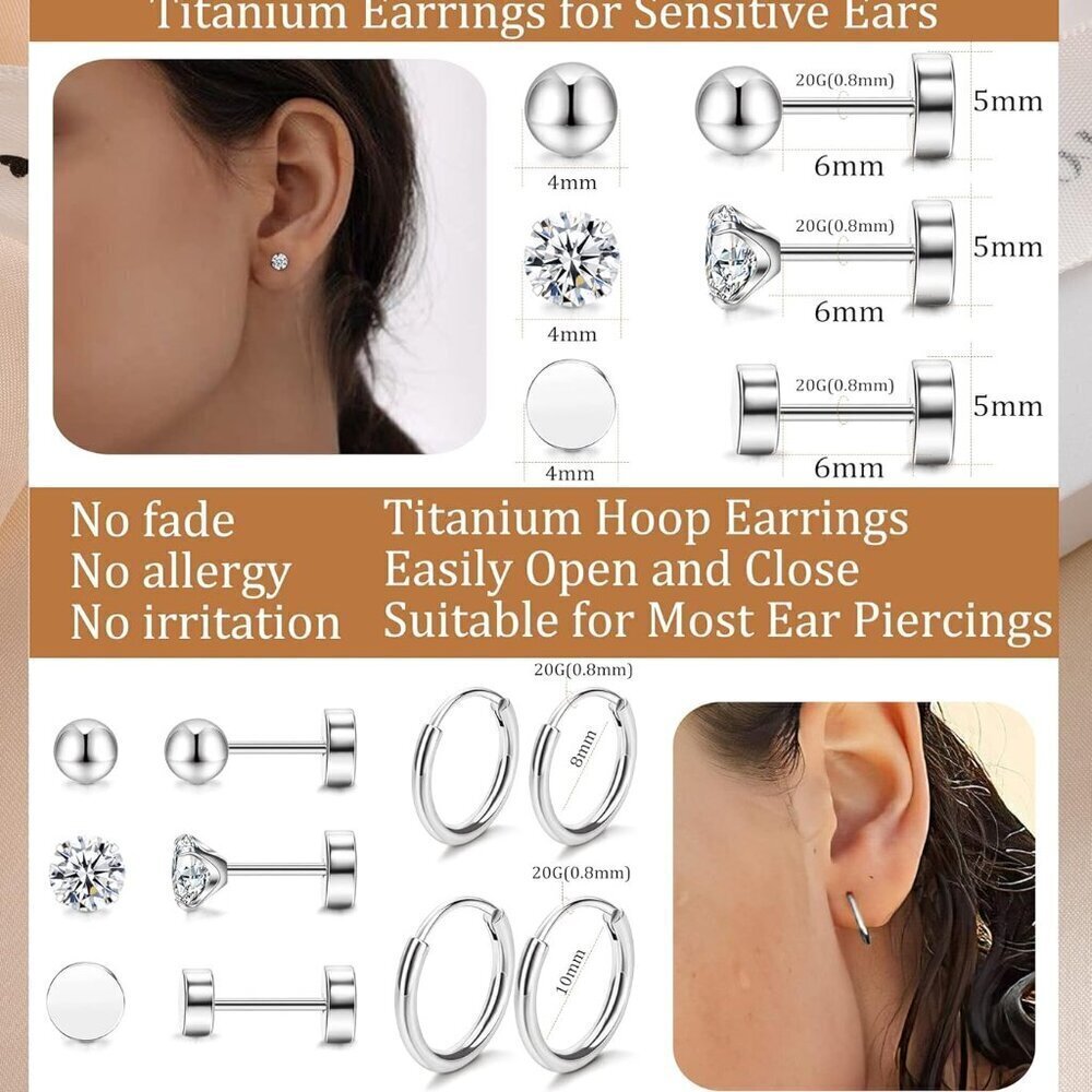 5 Pairs Titanium Earrings Set Hypoallergenic Stud Hoop Jewelry for Sensitive Ear - Picture 4 of 8
